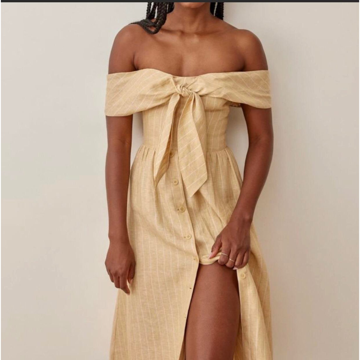 Reformation Linen Striped Off Shoulder Tie Front Dress Size 0